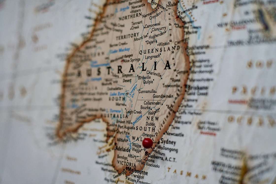 close up of Australia on map