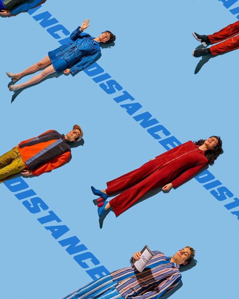 people laying on the ground separated with a blue background that says "distance"