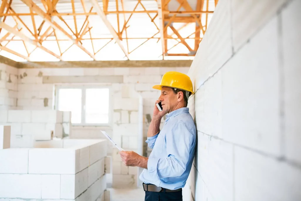 man in yellow construction helmet leaning against wall on the phone