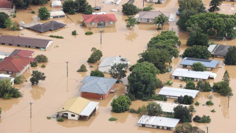 Aerial view of flooded houses in NSW.