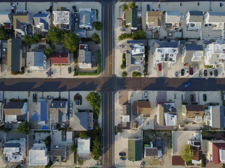 Aerial residential neighborhood view.