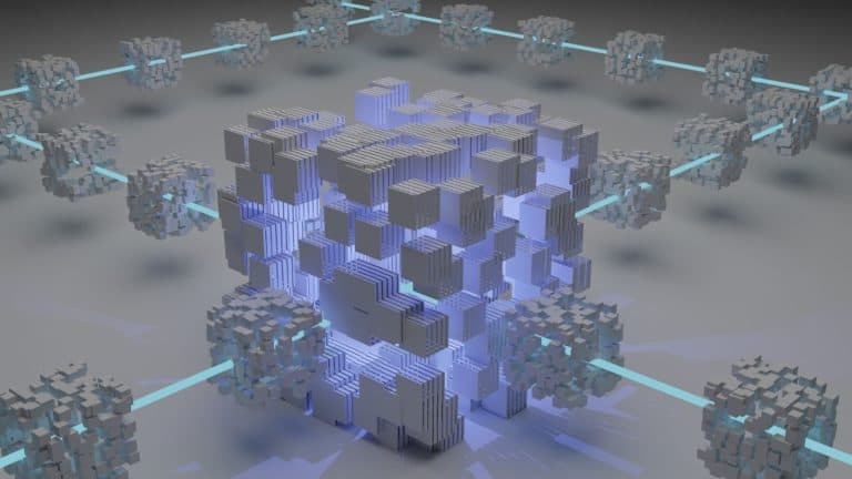 A 3D model of a cube emitting a blue light in the Metaverse.